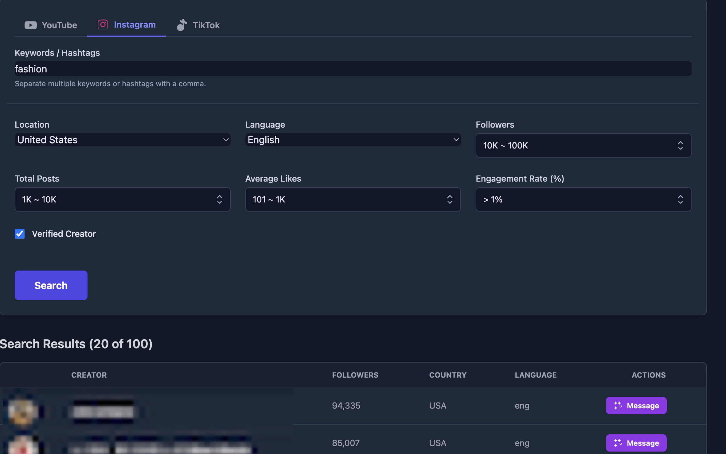 InfluencerSearch.ai dashboard preview